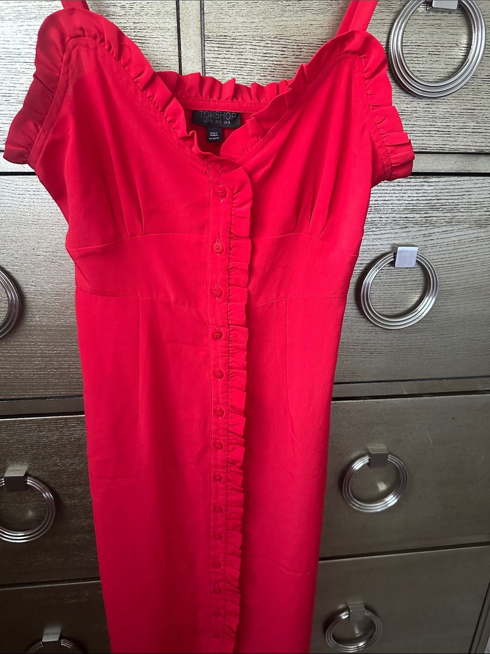 🛍️SALE🛍️ Topshop Red Ruffle-Trim Button Front Dress - Picture 8 of 9